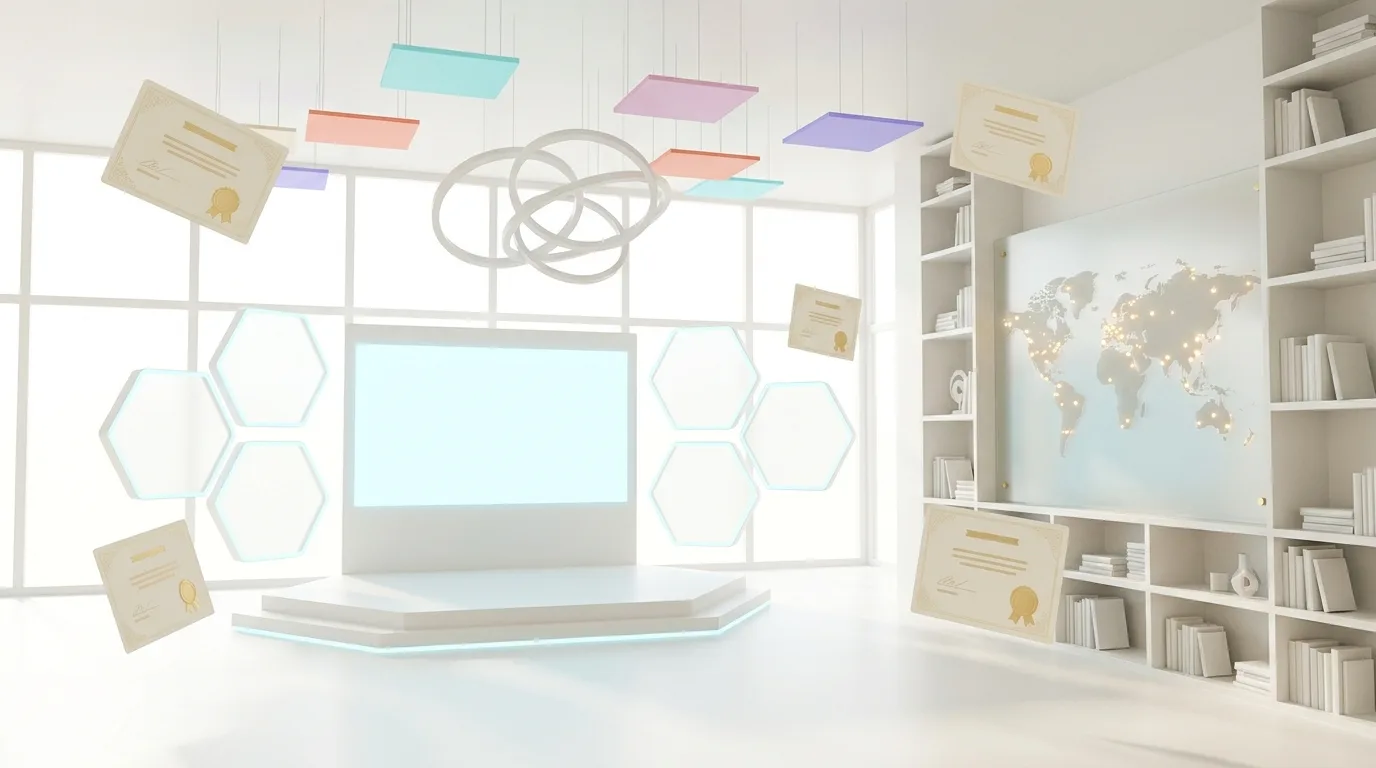 A modern studio set with certificates and a world map bookshelf supports CAQA Skills' VET professional development.